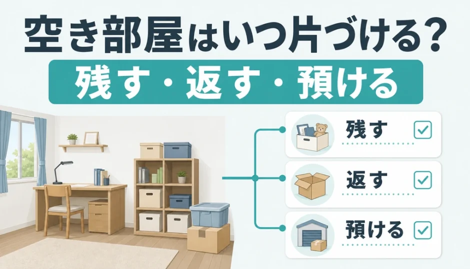 子どもが巣立った後の空き部屋を片づける時期と荷物の行き先を示す図