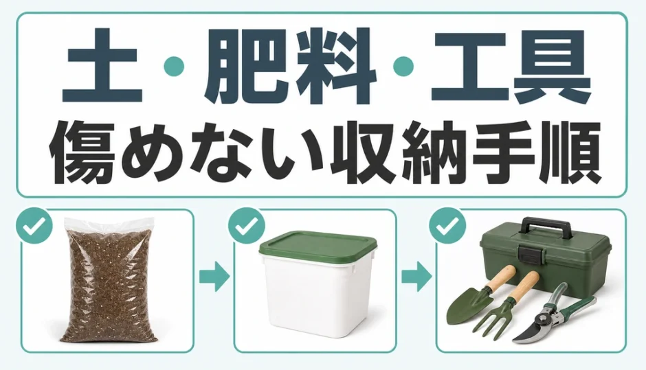 土・肥料・工具を傷めず保管するための整理手順を示すサムネイル
