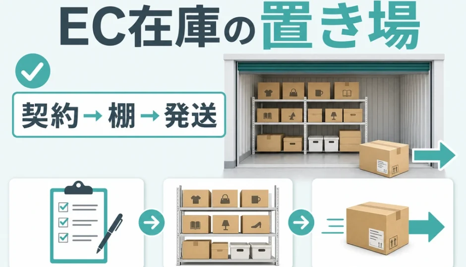 EC在庫の置き場を契約、棚、発送の順に確認する解説図
