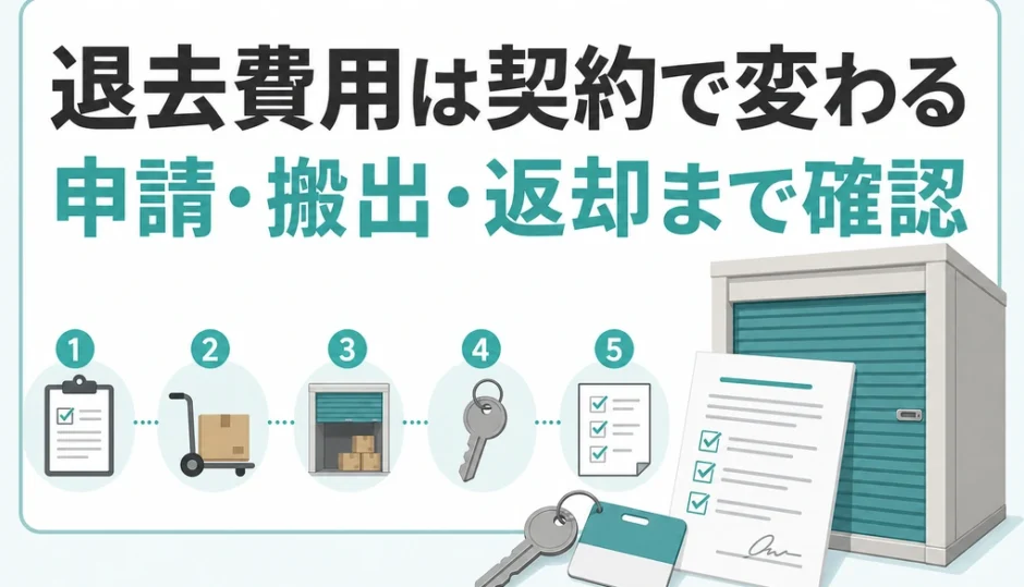 トランクルームの退去費用は契約で変わることと申請・搬出・返却の確認を示す図