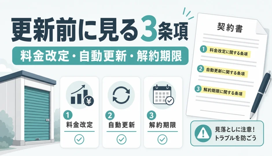 トランクルーム更新前に確認する料金改定、自動更新、解約期限の3条項