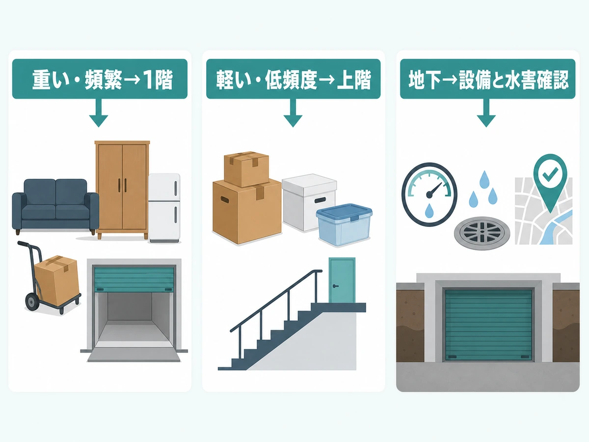 荷物の重さと出し入れ頻度、設備・水害確認から1階・上階・地下を選ぶ比較図