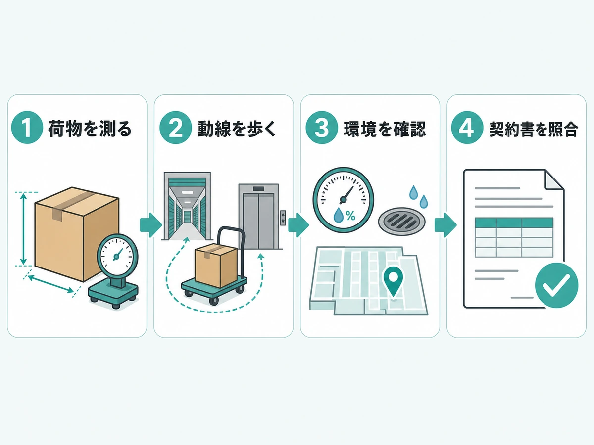 荷物を測る、動線を歩く、環境を確認する、契約書を照合する契約前の4ステップ