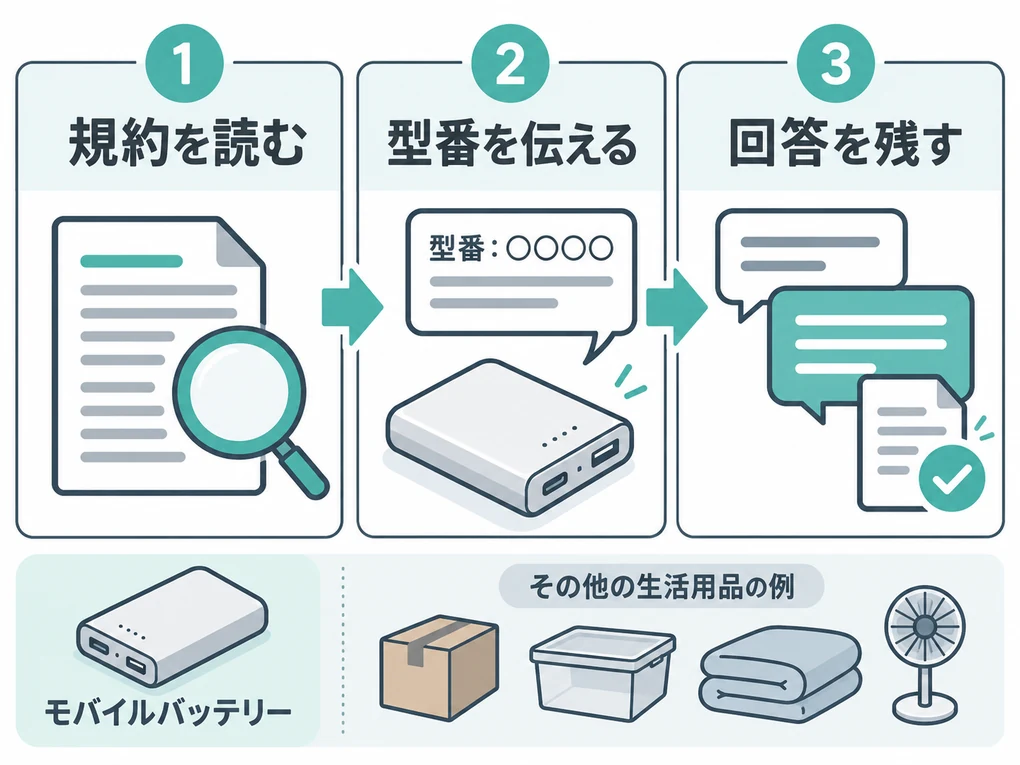規約を読み型番を伝え回答を残す三段階の確認図